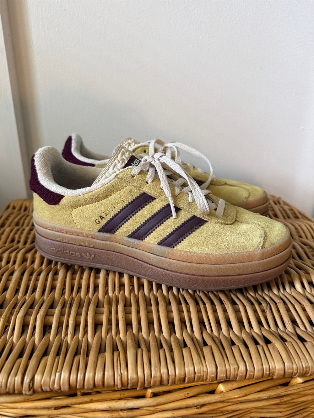 ADIDAS Originals Women's Gazelle Bold Shoes in Almost Yellow and Maroon